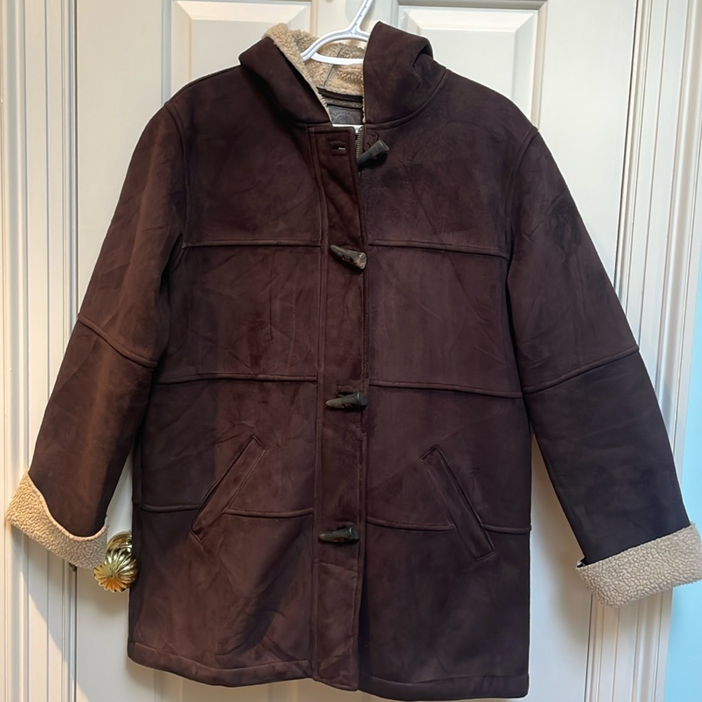 Lauren RL sz M medium chocolate brown faux shearling coat zipper toggle hooded